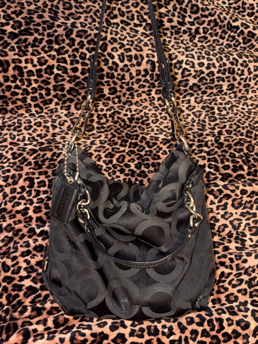 Coach Black Signature Hobo Bag with silver hardware